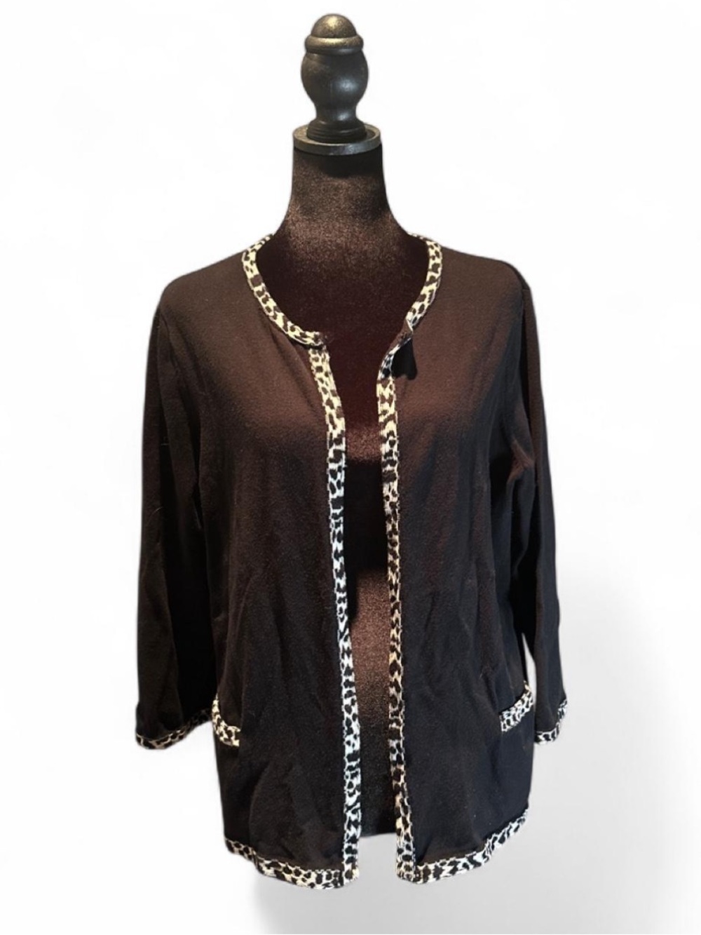 Y2K Chico's Black Cardigan with Leopard-Print Trim